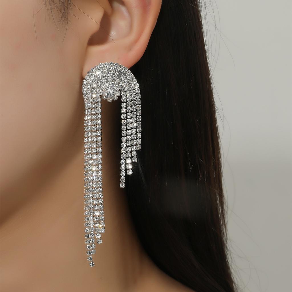 Sparkling Full Diamond Long Tassel Earrings Fashion Temperament Rhinestone Earrings Bridal Earrings Women's Earrings 1 Pair