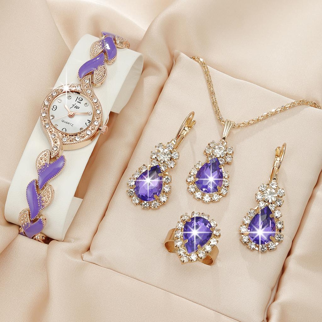 4 Piece Jewelry Set, Luxury Rhinestone Quartz Bracelet Watch, Vintage Analog Watch, Gift for Mom and Her