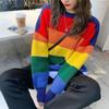 Hirsionsan Rainbow Striped Knitted Sweater Women Casual Contrast O Neck Base Pullovers Female Loose Long Sleeve Sweet Jumper New