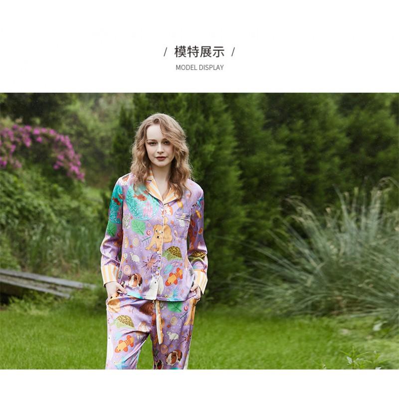 Womens Satin Sleepwear Set With Turn-Down Collar Long Sleeve Top Pants Lightweight Pajamas