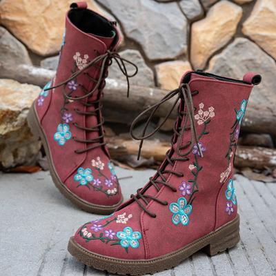 Женские ботильоны в стиле ретро с вышивкой, весенне-осенние туфли, женские повседневные ботильоны на толстом низком каблуке с боковой молнией, в западном стиле, с круглым носком, модные ботильоны