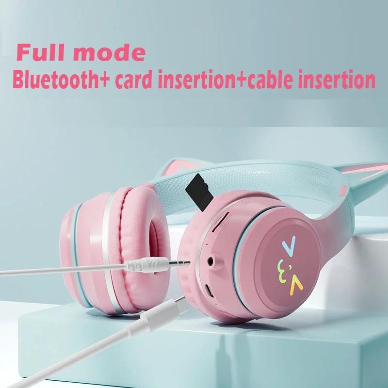 2024 New Cute Cat RGB Colour Lights Wireless Headphones Bluetooth 5.1 Stereo Music Gaming Headsets for Girls Kids Gift Headset with Microphone