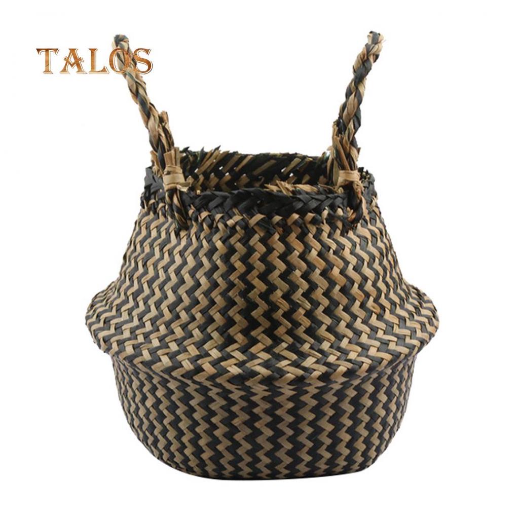 T-Garden Folding Straw Wicker Storage Basket Handle Garden Flower Pot Planter Laundry Bag
