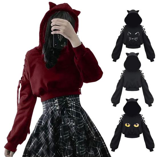 Осенняя женская свободная посадка на Хэллоуин, спортивная толстовка с капюшоном, на шнуровке, с открытыми плечами, с длинным рукавом, с кошачьими ушками, укороченная толстовка с капюшоном