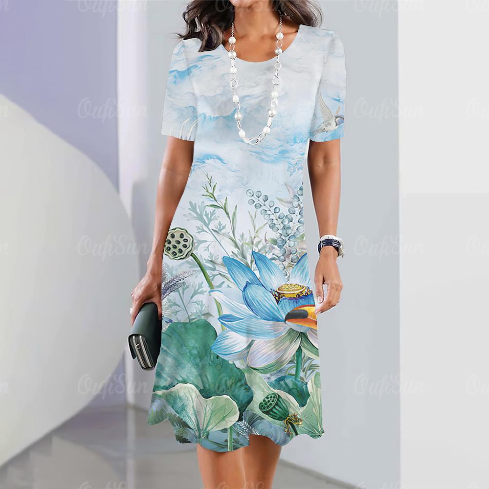 Летние женские платья с 3D-принтом в виде цветов с коротким рукавом, элегантная свободная юбка А-силуэта, модное женское платье большого размера