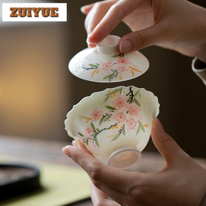 110ml Hand-painted Peach Blossom Gaiwan Japanese Tea Tureen Tea Bowl With Lid Kit Tea Making Cover Bowl Tea Ceremony Collection