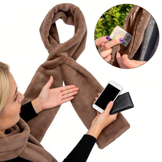Шарф со скрытой молнией однотонный мягкий удобный теплый унисекс зимний шарф кошельки телефоны карман искусственный мех шарф-петля