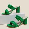 Женские шлепанцы на высоком квадратном каблуке в ромском стиле, модные повседневные сандалии с зеленым тканым ремешком, женская летняя обувь с открытым носком, ползунки