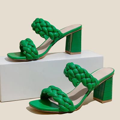 Женские шлепанцы на высоком квадратном каблуке в ромском стиле, модные повседневные сандалии с зеленым тканым ремешком, женская летняя обувь с открытым носком, ползунки