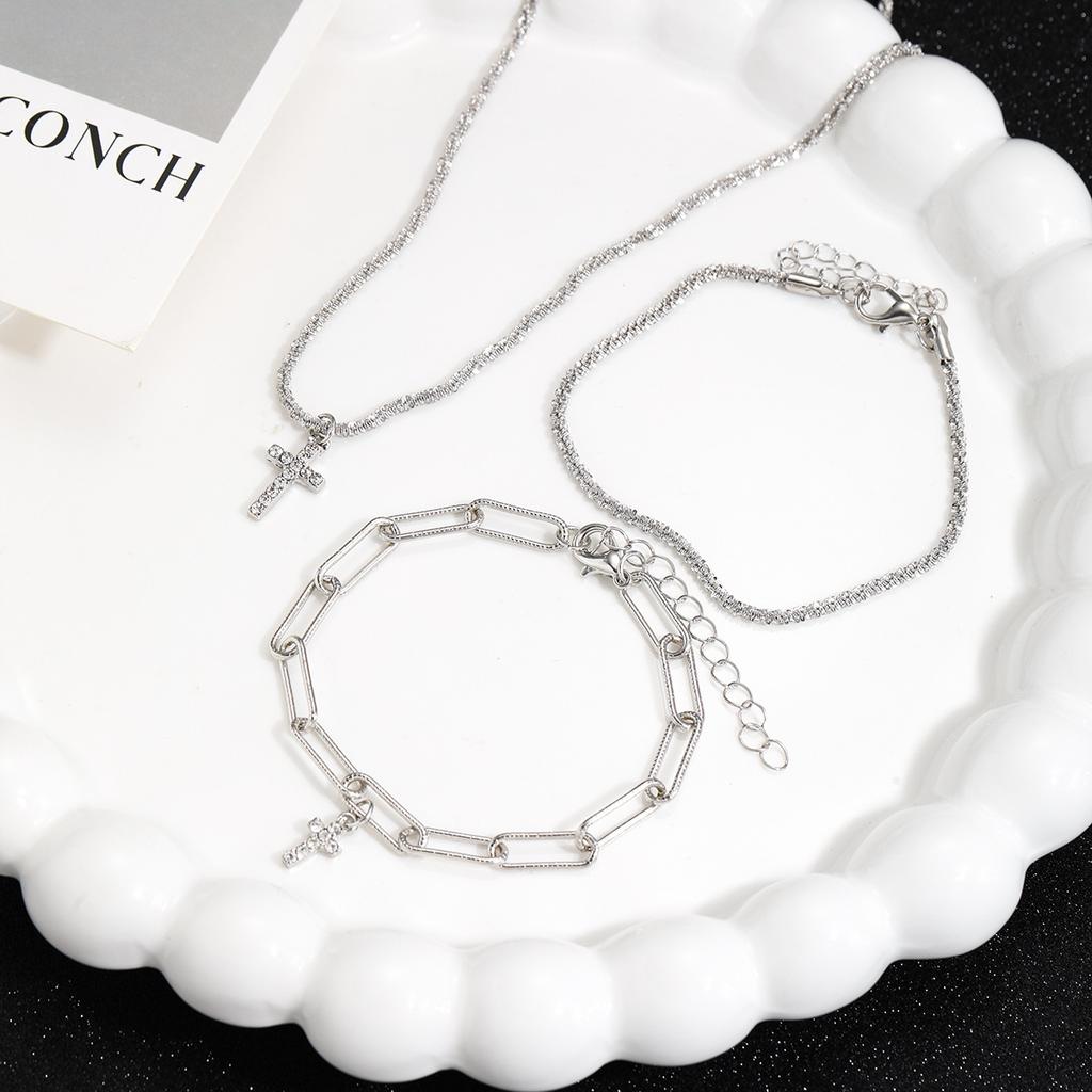 Сверкающий серебряный браслет-крест, ожерелье, комплект для женщин, модные двухслойные браслеты со звездным небом, свадебные украшения