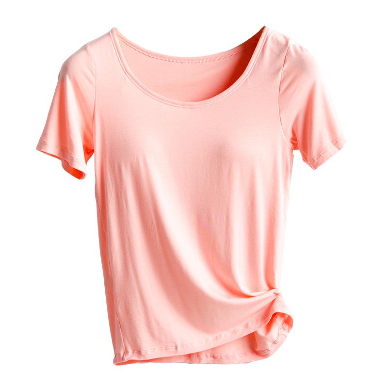 Спортивная футболка для йоги с короткими рукавами и встроенными подушечками — беспроводная, бюстгальтер не нужен — идеально подходит для лета и осени.