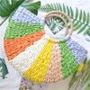 Bohemian Women Beach Bag Colorful Half Round Bucket Bag Handmade Straw Woven Rattan Handbag