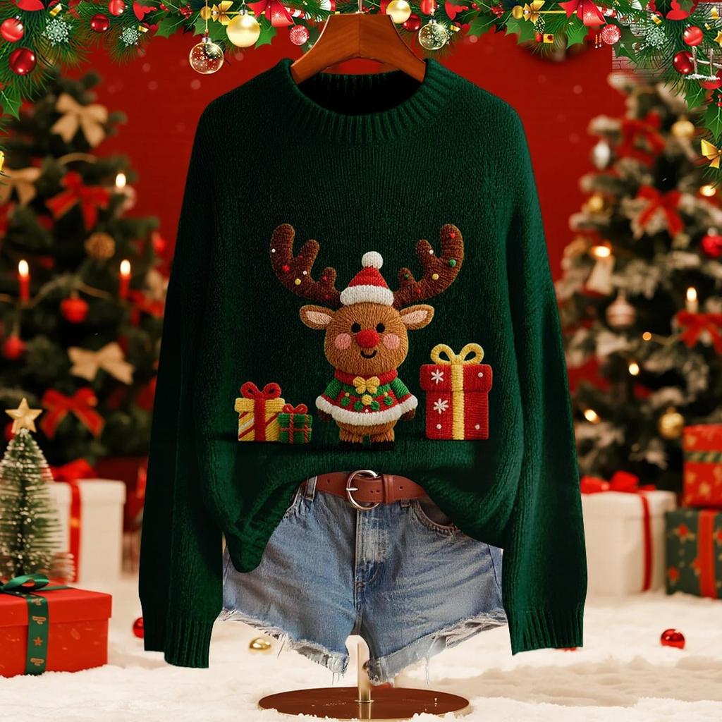 Женский модный пуловер с рождественским принтом, с длинным рукавом и вырезом под горло, вязаный свитер-топ