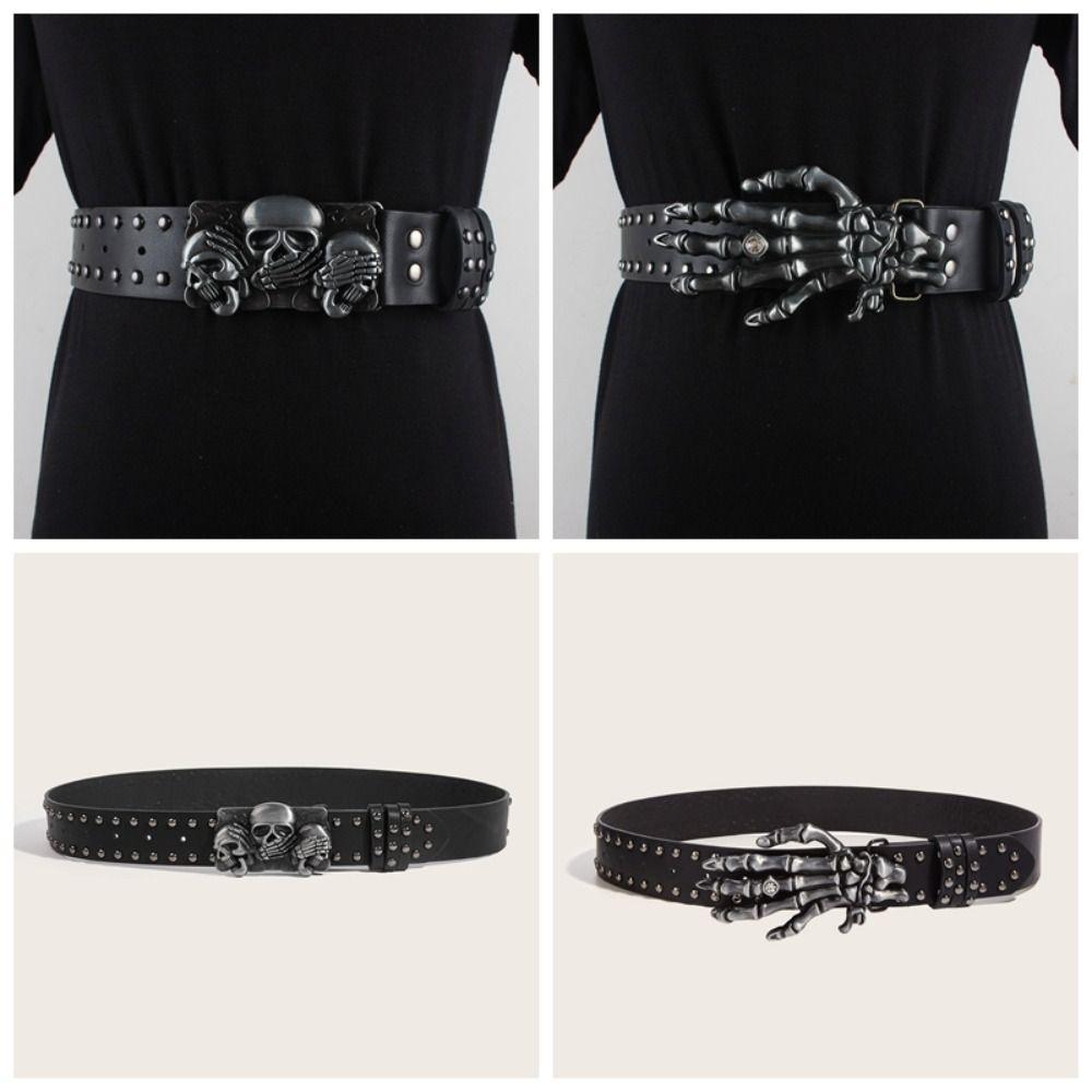 Cool Skull Wide Waistband Y2K Skeleton Fingers Belt Strap Buckle Black Rivet Belt  Couple