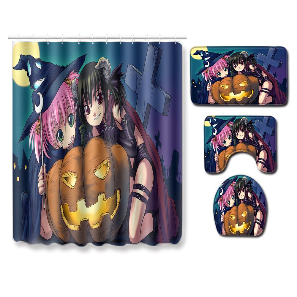 Halloween Series Bathroom Shower Curtain Floor Mat Toilet Cover Foot Mat Four-Piece Set