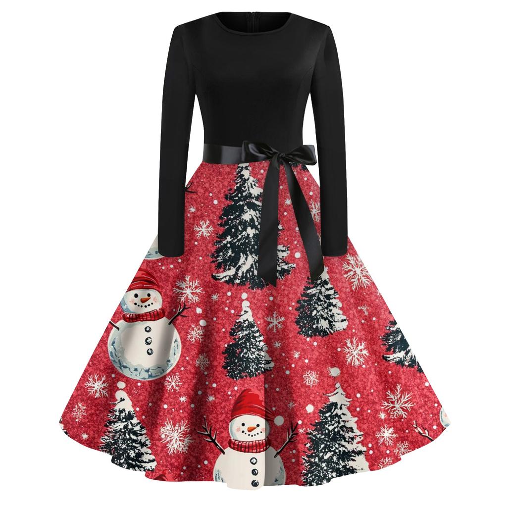 Женская мода винтаж с длинным рукавом и круглым вырезом с рождественским принтом вечерние платья платья