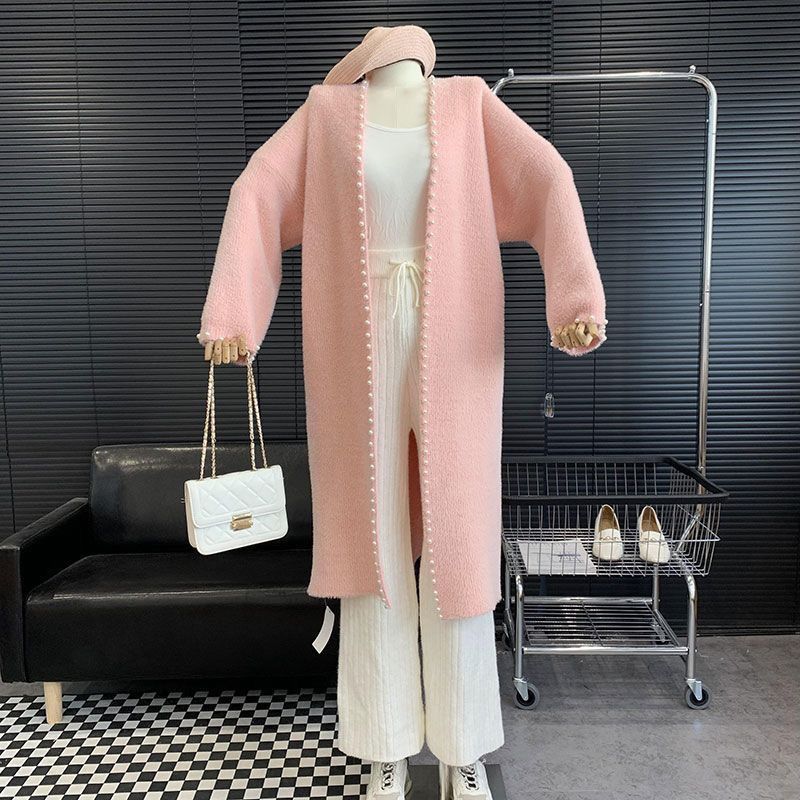 Women's Mink Fleece Cardigan Jacket Autumn and Winter Midi Beaded Knitted Cardigan Loose Casual Over-the-knee Knitted Sweater Coat