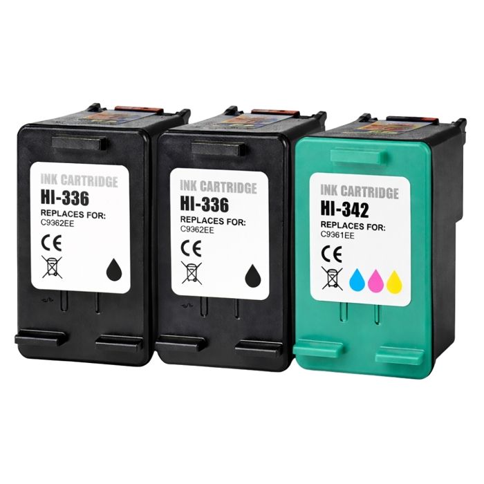 Pack 3 cartouches compatibles HP 336 & 342 - 2x noir + 1x couleur pour DeskJet/OfficeJet/PhotoSmart/PSC