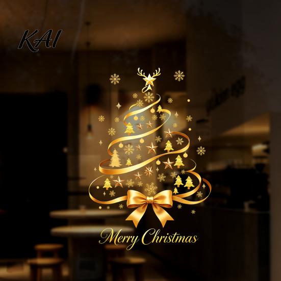 Holiday Storefront Window Displays Gold Ribbon Christmas Tree Static Cling, Glass Sticker with Bow, Reindeer Removable PVC Stickers Antler &