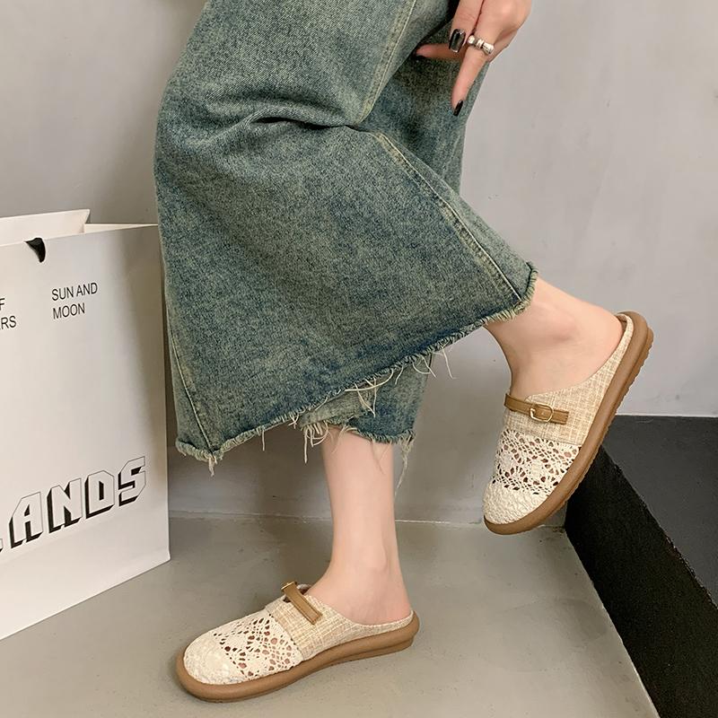 Fashion Shoes for Women 2025 New Breathable Flax Outdoor Women's Slippers Fashion Flat with Baotou Hollow Out Solid Modern Slippers