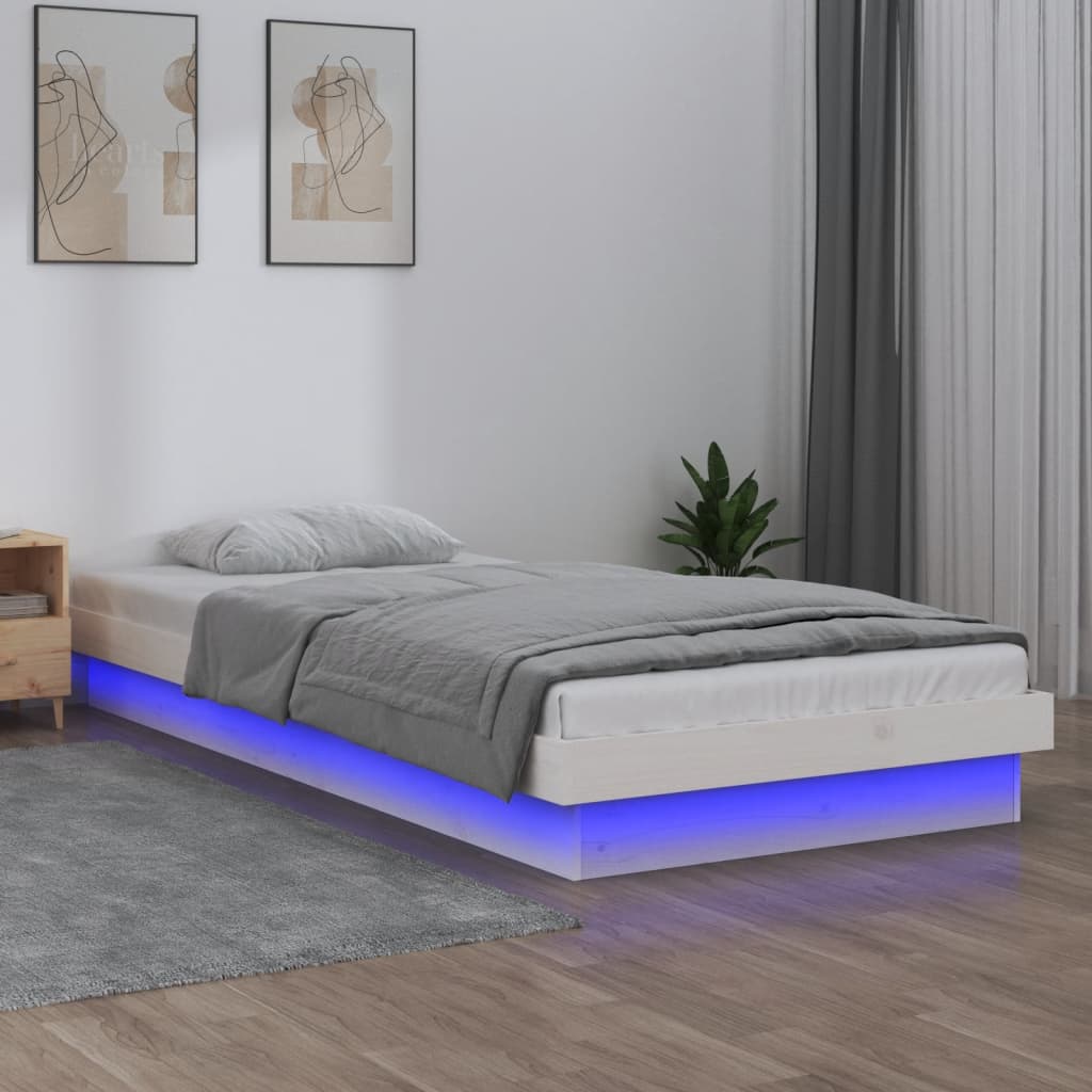 Vidaxl Rama Łóżka Z Led, Biała, 90X190 Cm, Pojedyncza, Lite Drewno