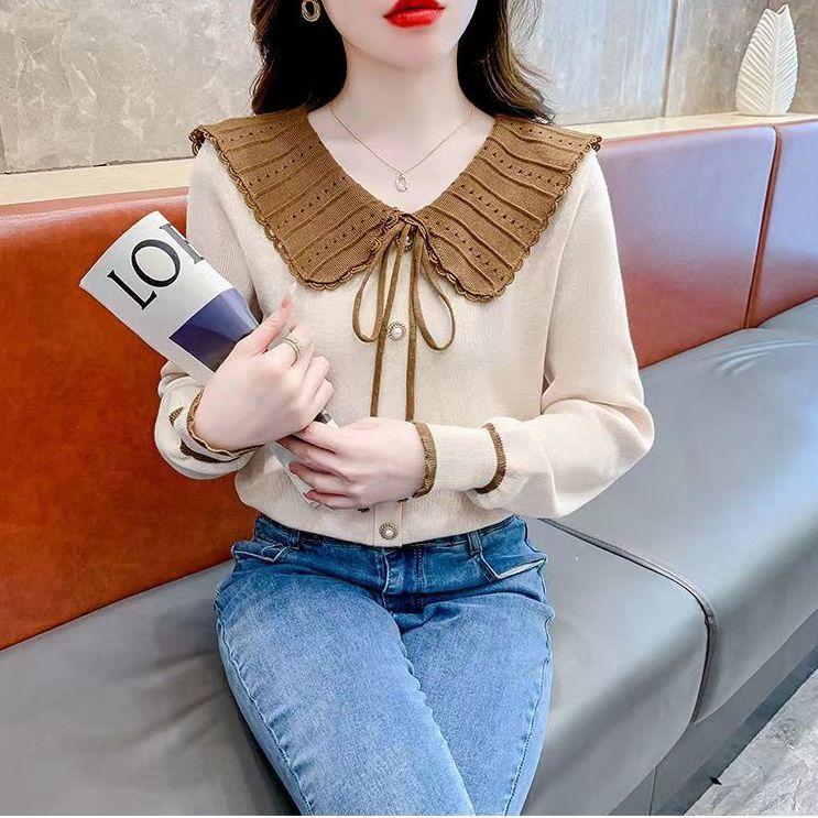 Вязаный свитер с бантом и кукольным вырезом, с длинными рукавами, модная верхняя одежда на осень и зиму со шнуровкой, излучающая чувство темперамента и стиля