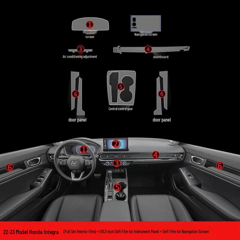 Новая защитная пленка для интерьера Honda Integra: Экран HD на центральной консоли и декоративные элементы рычага переключения передач.