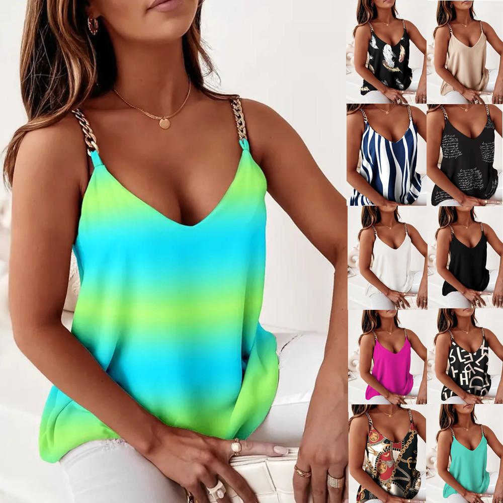 Summer Sleeveless Chain Strap Camis Printed Tank Top for Women