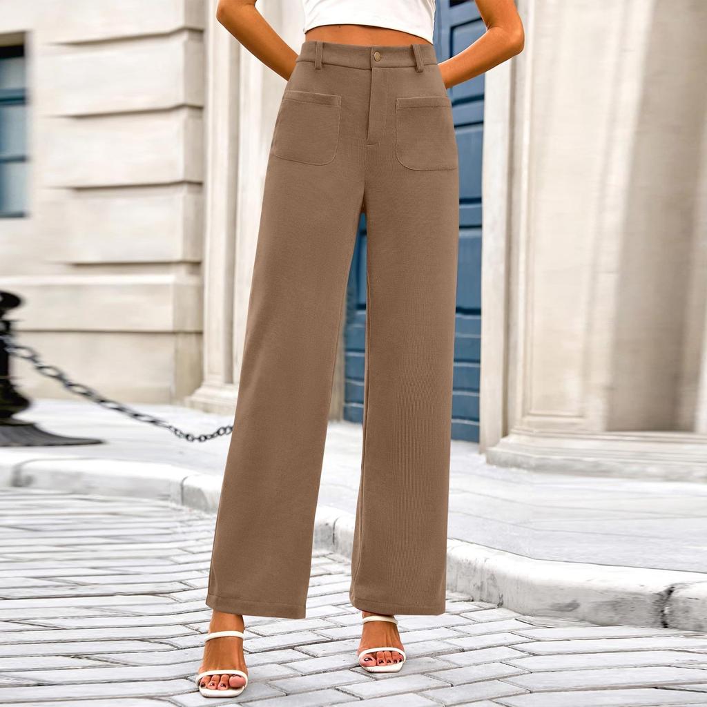 Women's Casual Wide-leg Stretch High-waisted Button-down Wide-leg Pants Working Straight-leg Pants With Pocket Pants