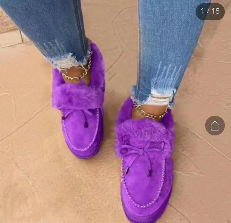 Fashion Solid Color Furry Females Feetwear Women Winter Cotton Shoes Plush Warm Snow Boots Ladies Casual Flat Short Boots 2025