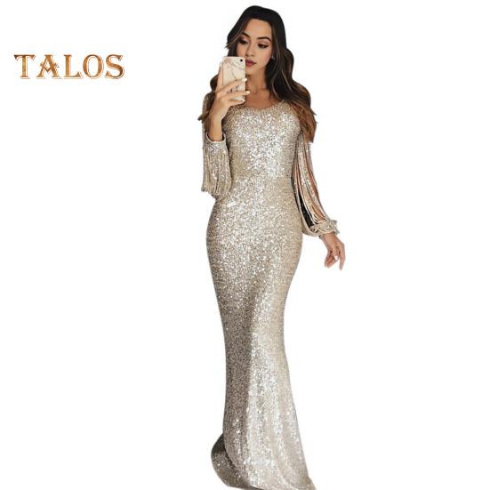 Женское платье для выпускного вечера с кисточками и рукавами-футляром, облегающее платье с V-образным вырезом, однотонное вечернее платье с блестками и рыбьим хвостом, коктейльное платье макси