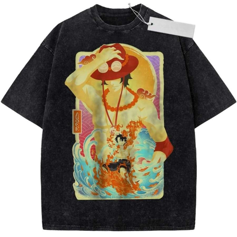 Unisex Washed Pink Vintage Tshirt One Piece Ace Flame and Wave Highquality Fabric for Home Leisure Travel Shopping
