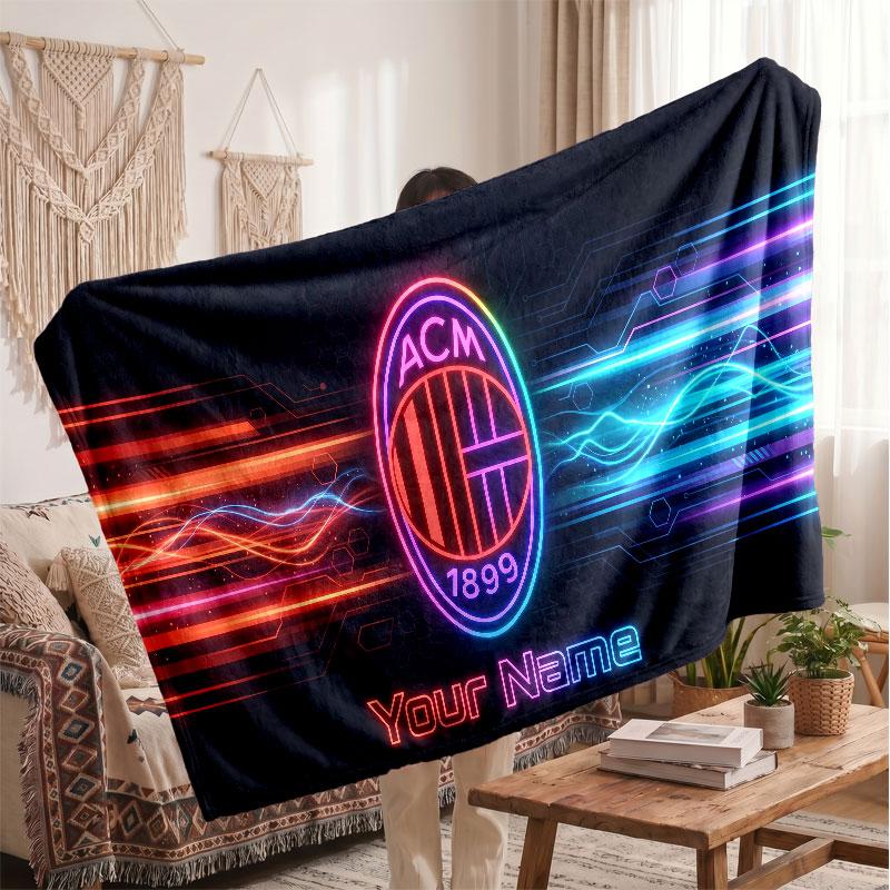AC Milan Personalized Fleece Blanket With Football Logo, Custom Name Text Soft Warm Home Throw Blanket