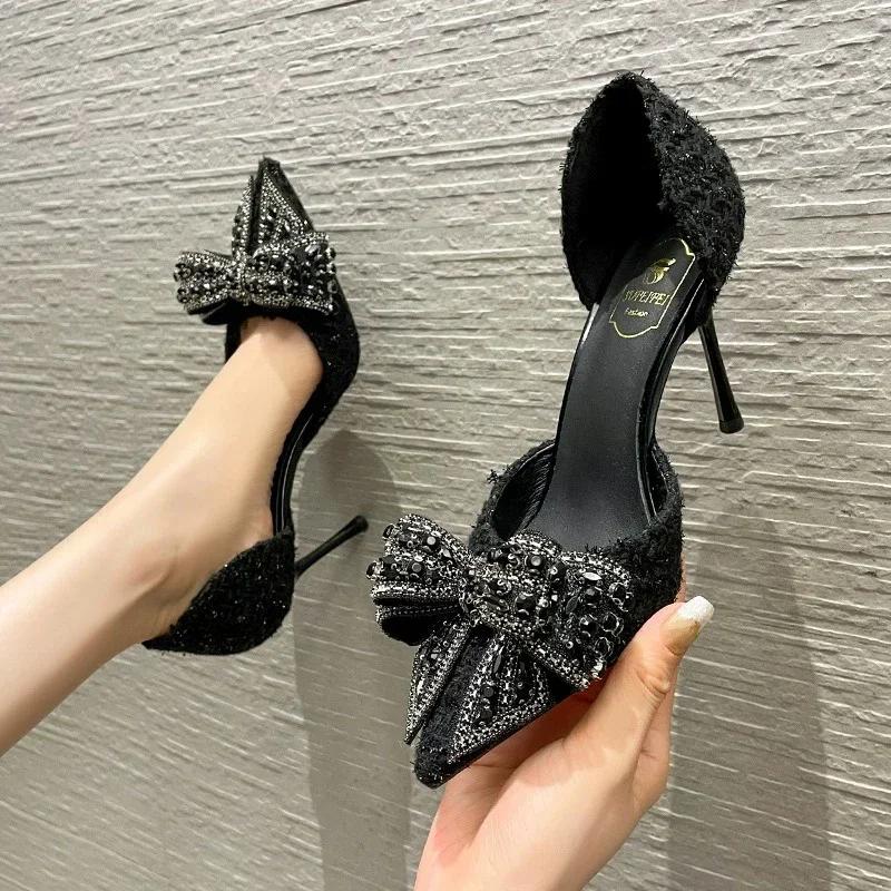 2024 Fashion Delicate Sweet Crystal Bowtie High Heel Shoes Side Hollow Pointed Women Pumps Woman Thin Heeled Party Wedding Shoes