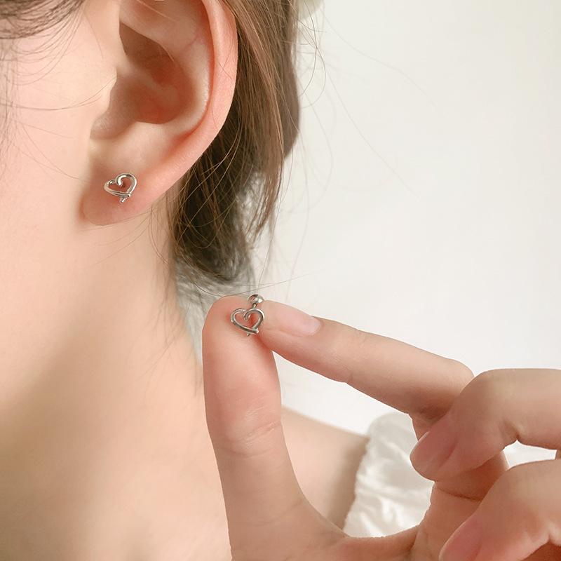 S925 Silver Sweet Hollow Heart Screw Back Earrings For Women Minimalist Small Cartilage Studs Sleep Friendly