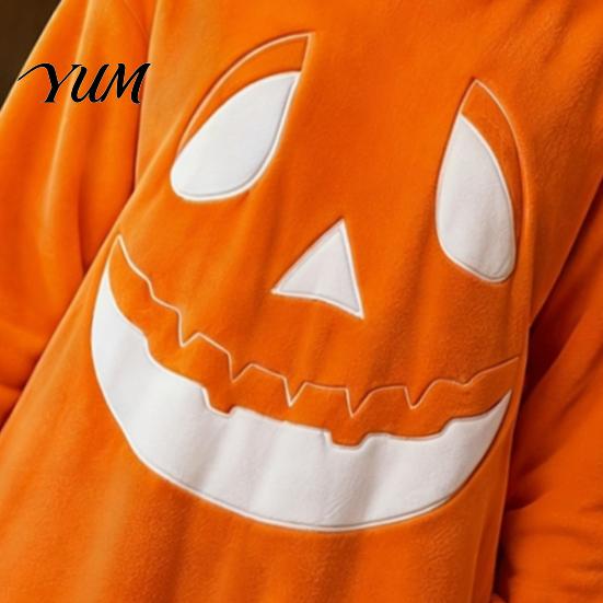 Funny Cosplay Romper Halloween Pumpkin Onesie Pajamas, Adult Jumpsuit with Happy Plush Fleece Homewear Face, Soft Hooded Costume for Party Night,