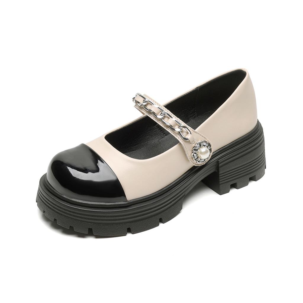Thick-soled Mary Jane Shoes Women's Light Mouth One-word Belt Color Matching College Small Leather Shoes
