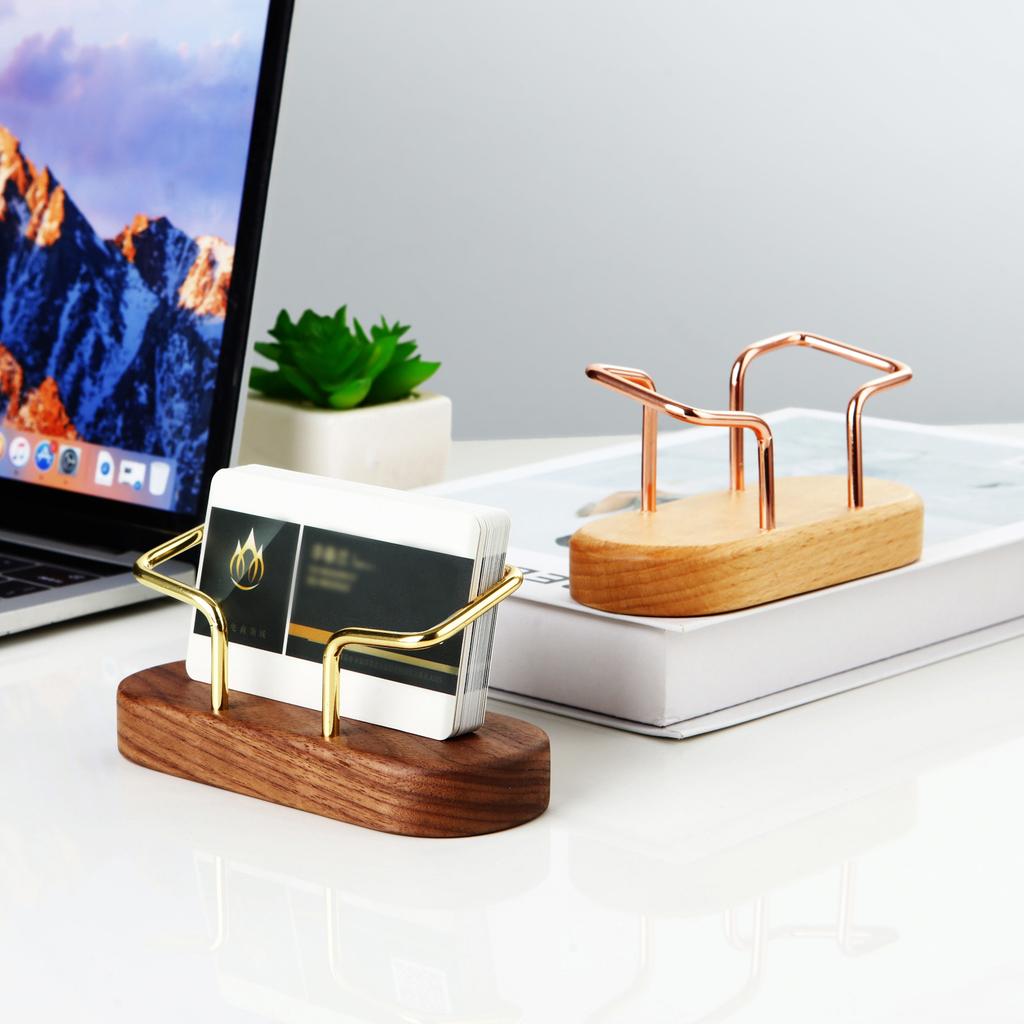 Wooden Business Card Holder Metal Organizer Office Desk Display Stand Memo Counter Accessories Tabletop Card Holder Storage
