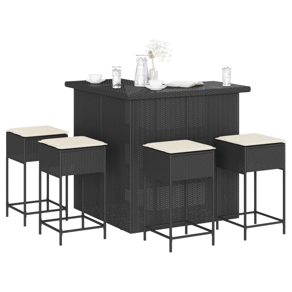 5 Piece Garden Bar Set with Cushions Black Poly Rattan