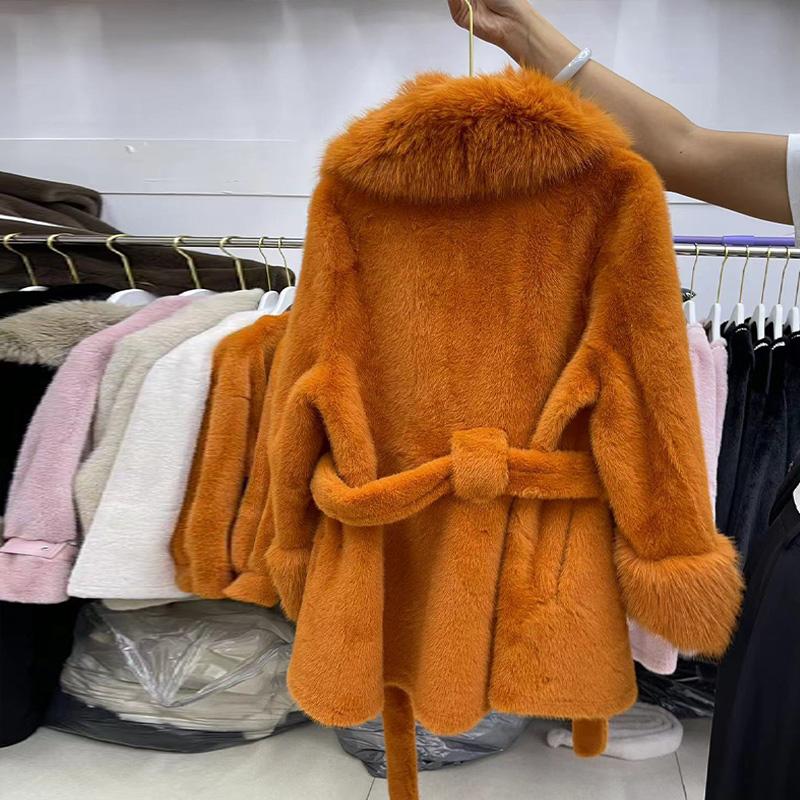 Однотонное искусственное меховое пальто средней длины для женщин, зимнее, с большим воротником из искусственного меха лисы и длинными рукавами, парки, модная верхняя одежда
