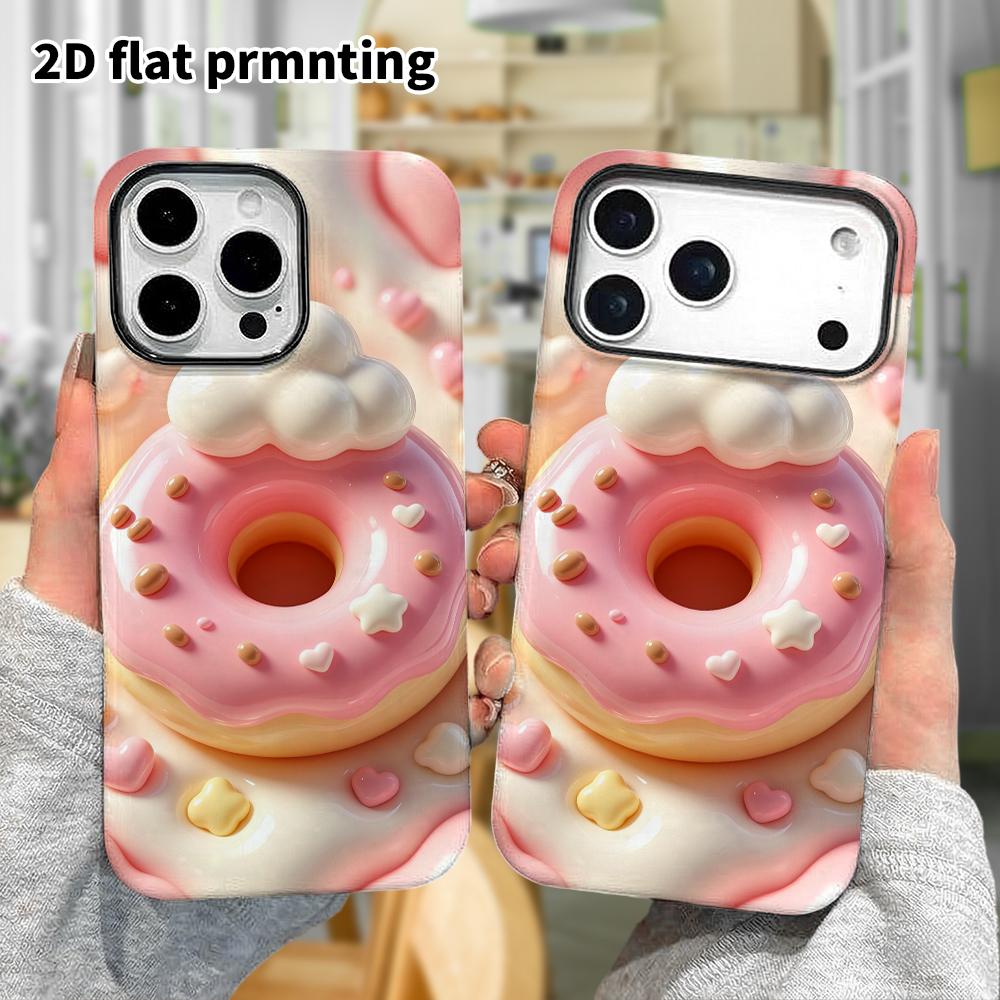 Phone Case: 2D flat design suitable for iPhone 18 17 16 15 14 13 Pro protective case, pink clouds and donuts, perfect Christmas and Halloween holiday