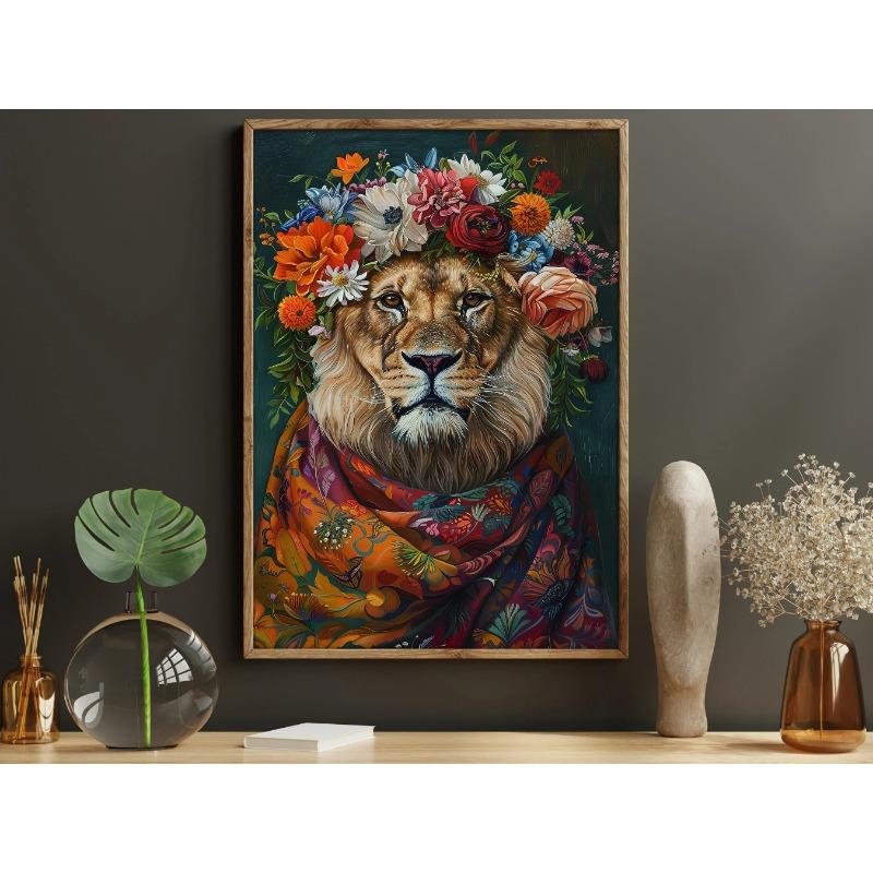 Vintage Maximalist Floral Animal Painting Golden Retriever Lion Owl Peacock Raccoon Wolf Canvas Print Decorations for Wall Art