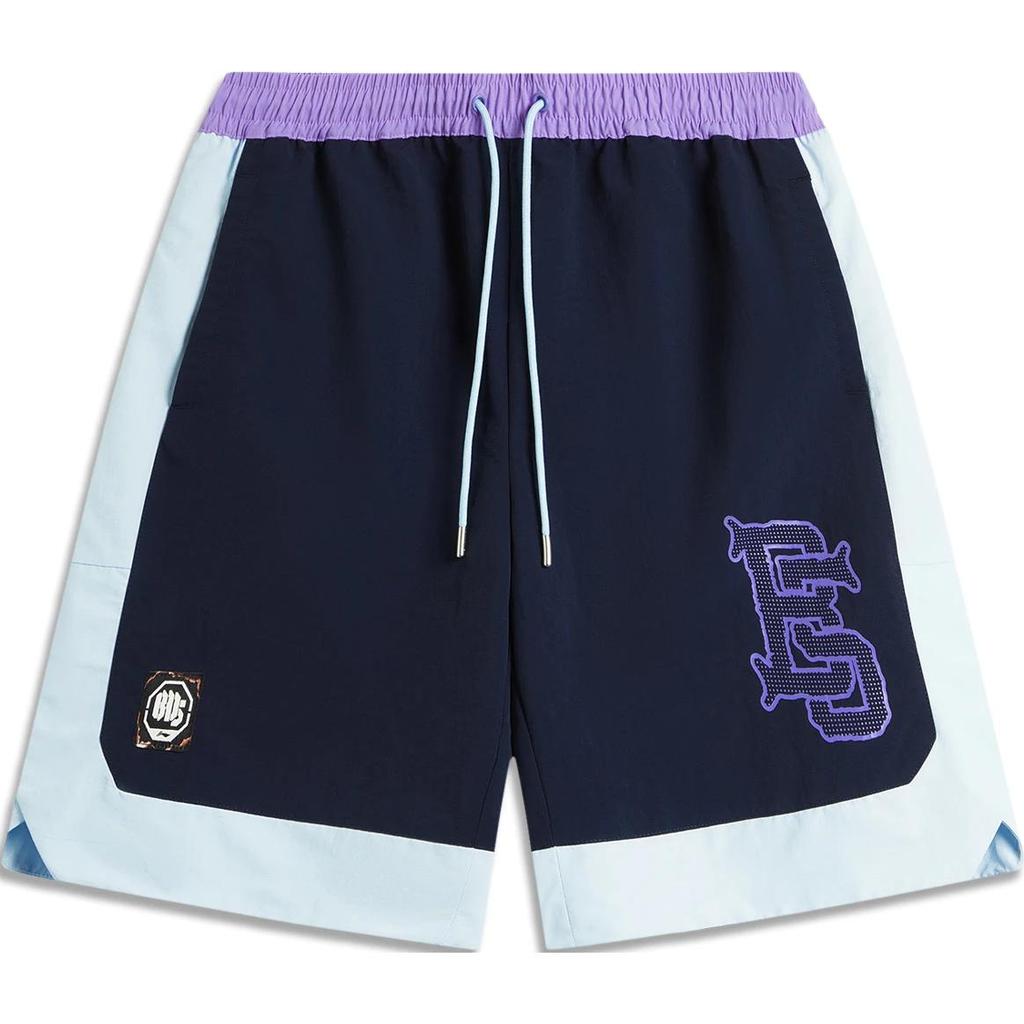 Li Ning Color Block Letter Mid Waist Drawstring Straight Leg Sports Shorts Men Shorts Deep-Navy-Blue Sky-Blue AKSU117-5