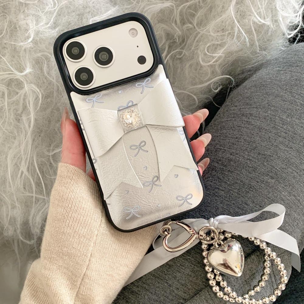 Корейский ins серебряный кожаный трехмерный бант, подходит для чехла для мобильного телефона Apple 17, новый iPhone17promax высокая стоимость 15 тренд 14 блестящий бриллиант 13