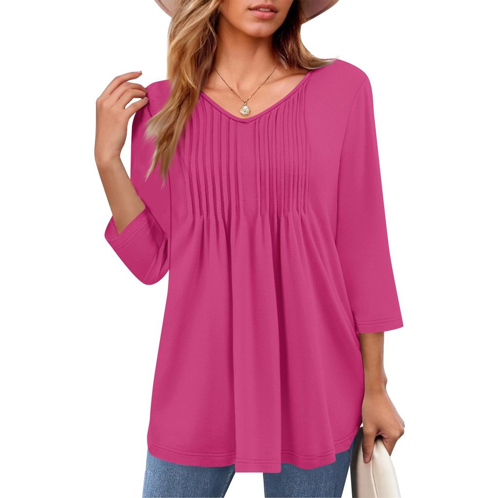 Женские топы с V-образным вырезом и рукавом три четверти в полоску, плиссированные, повседневные, летние, модные, рубашки