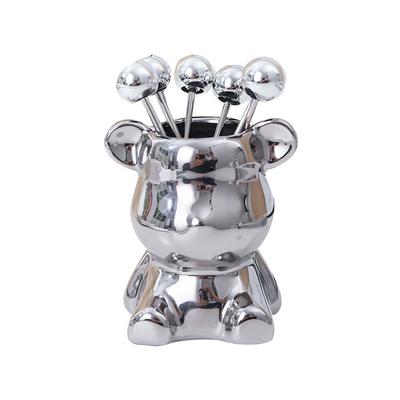 Банка для хранения фруктовых вилок Милая форма животного Керамическая банка-держатель для вилок с 6 фруктовыми вилками из нержавеющей стали