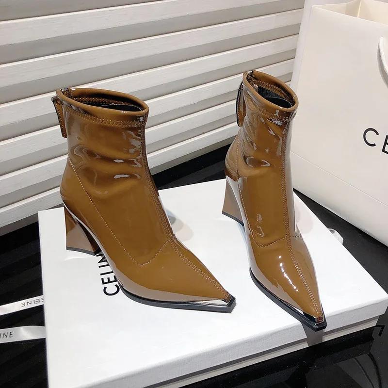 Дизайнерские винтажные женские ботильоны с острым носком, модные высокие каблуки, короткие ботильоны, осенне-зимняя женская обувь