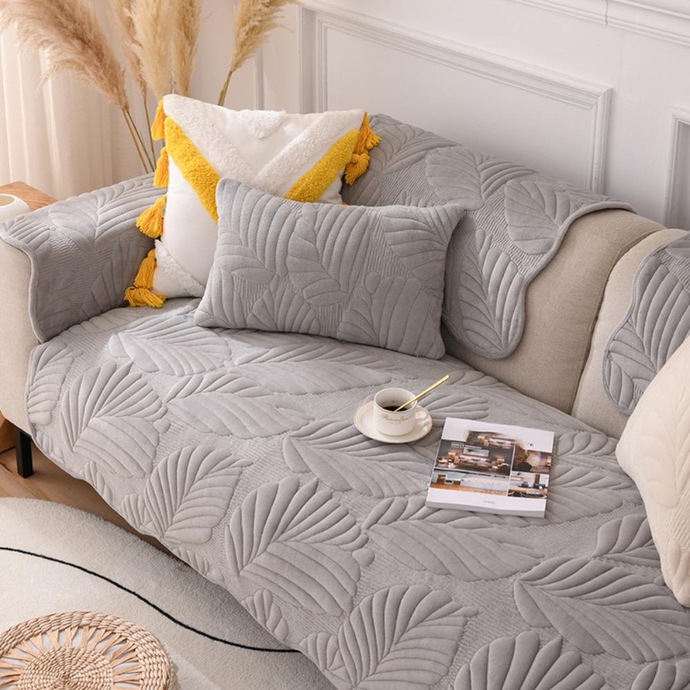 Practical Milk Velvet Leaf Pattern Sofa Cover Nordic Style Non-slip Couch Cover Washable Warm Sofa Mat Winter