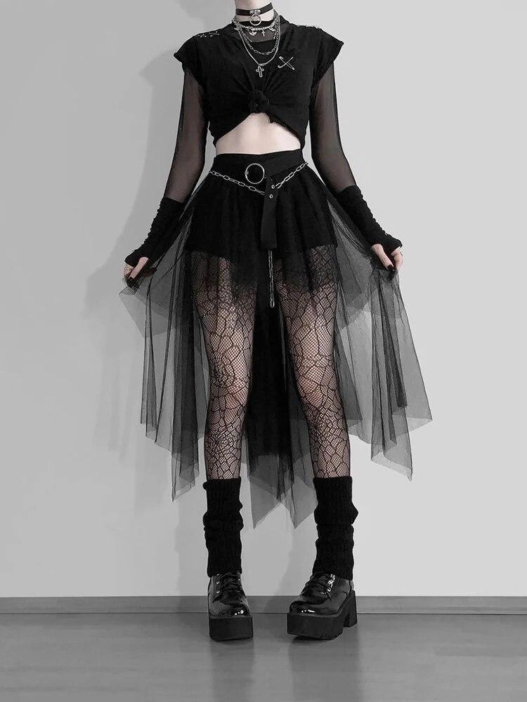 AltGoth Harajuku Готическая Сетчатая Юбка Женская Киберпанк Y2k E-girl Высокая Талия Необычная Юбка Эмо Альтернативная Инди Клубная Одежда Женская