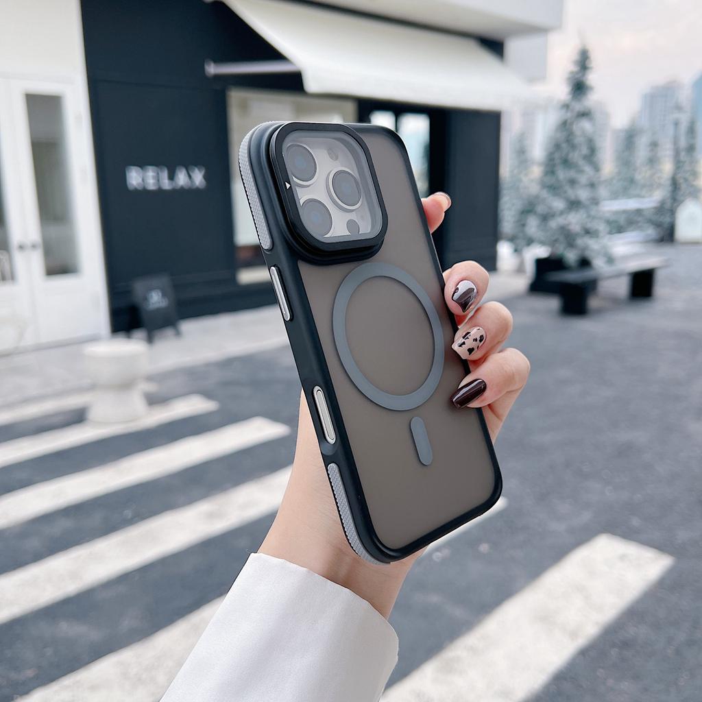 For iPhone 16 Pro Max Magnetic Case Skin-Touch TPU Acrylic Phone Back Cover with Lens Protector Kickstand